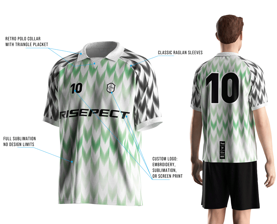 Visual features front view & back view of male model wearing vintage soccer jersey
