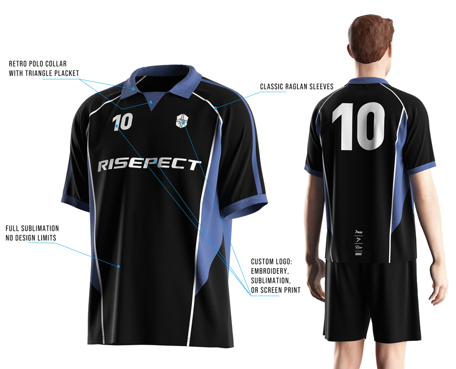 Visual features front view & back view of male model wearing vintage soccer jersey