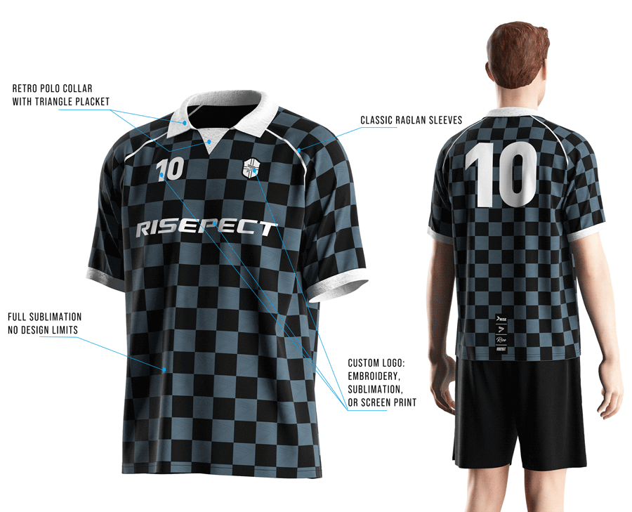 Visual features front view & back view of male model wearing vintage soccer jersey