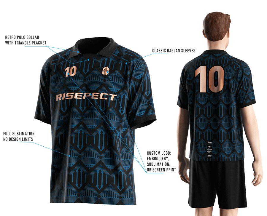 Visual features front view & back view of male model wearing vintage soccer jersey