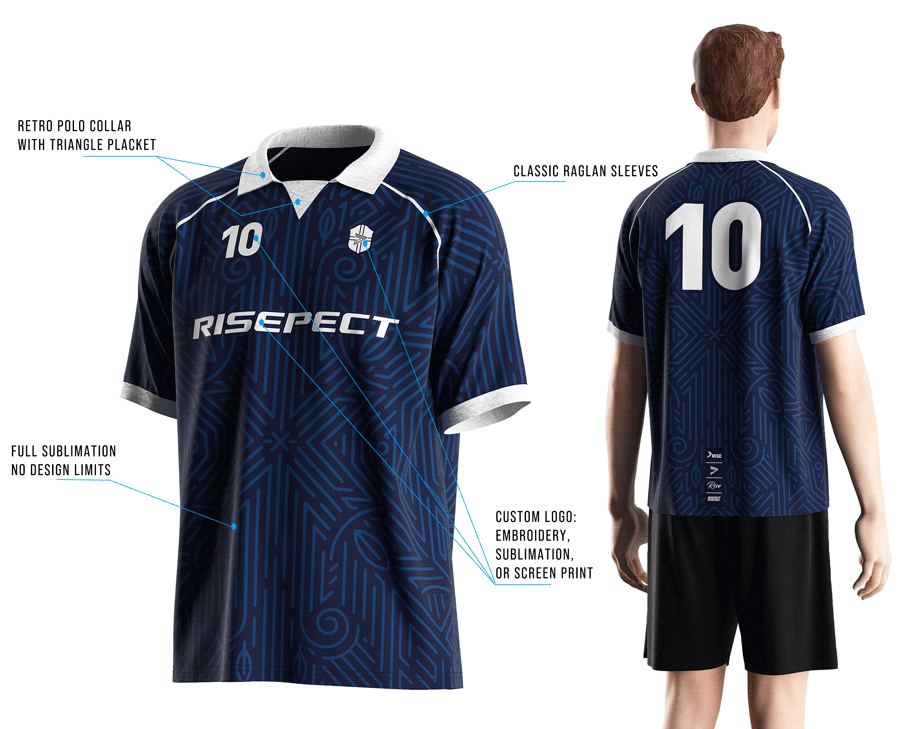 Visual features front view & back view of male model wearing vintage soccer jersey
