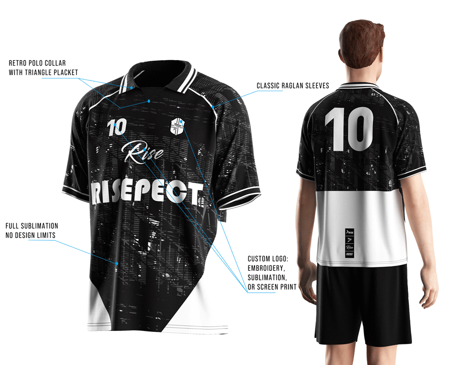 Visual features front view & back view of male model wearing vintage soccer jersey