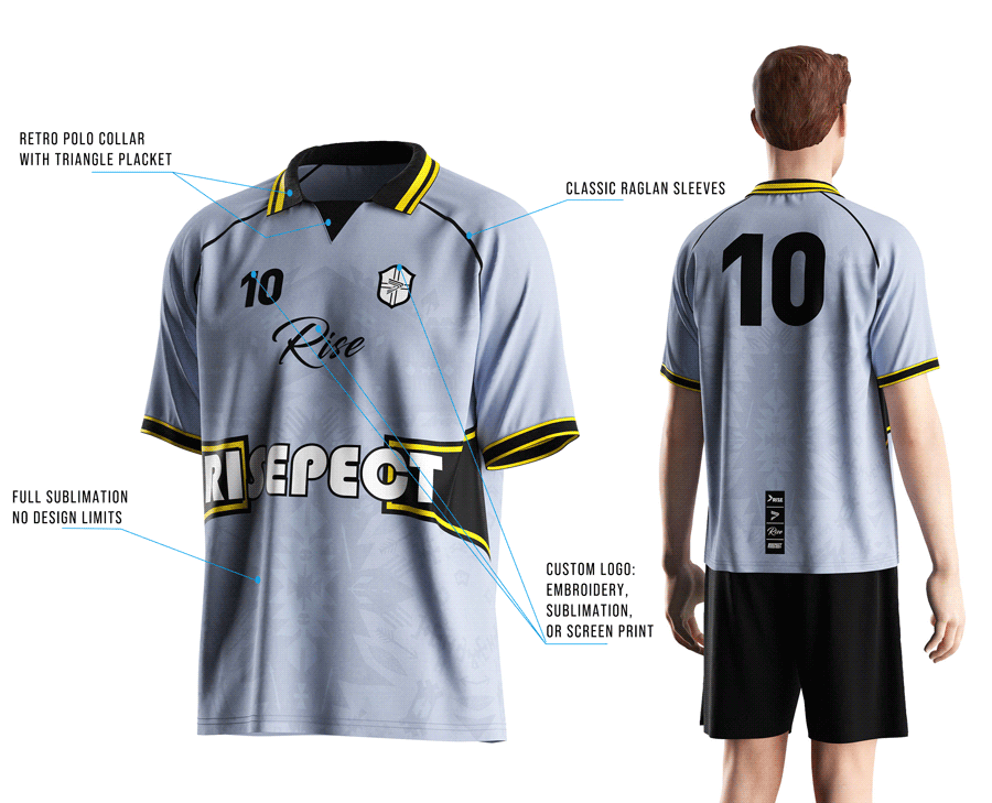 Visual features front view & back view of male model wearing vintage soccer jersey