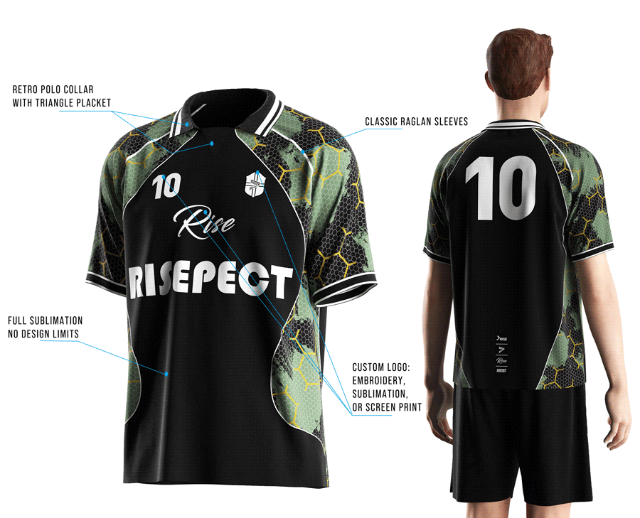 Visual features front view & back view of male model wearing vintage soccer jersey