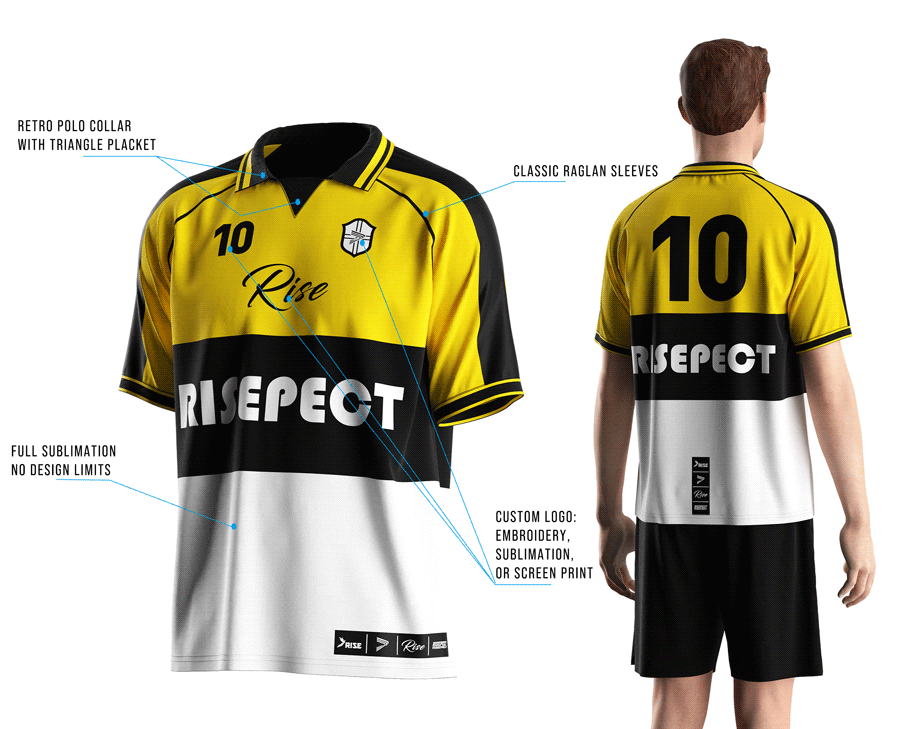 Visual features front view & back view of male model wearing vintage soccer jersey
