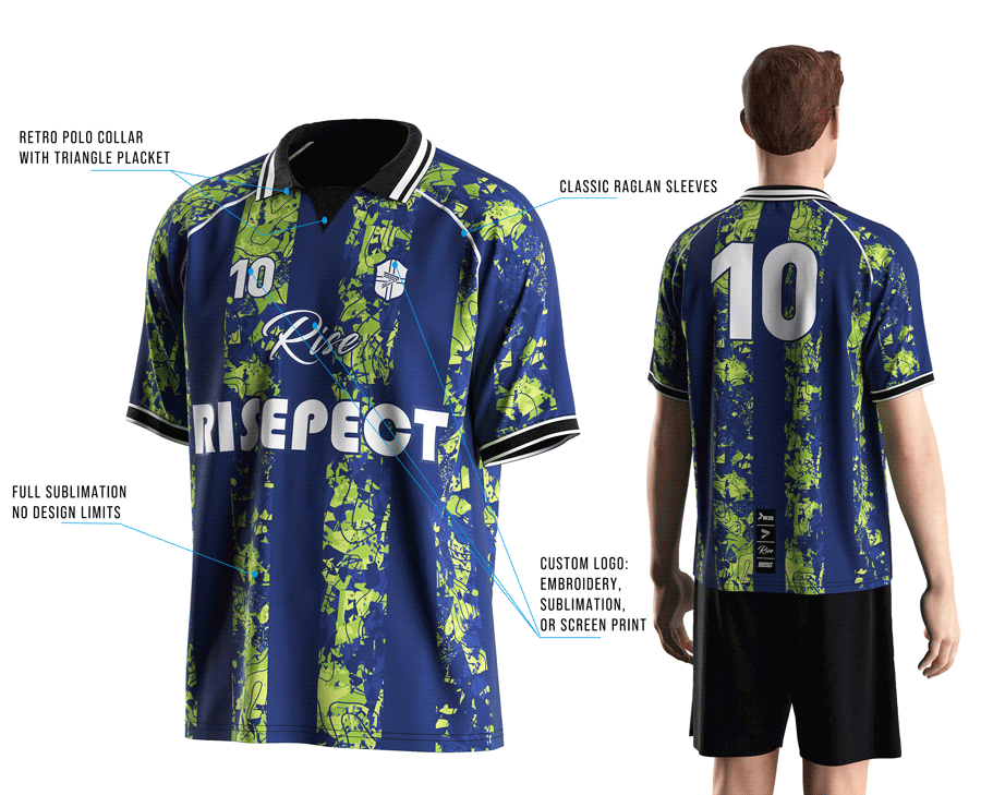 Visual features front view & back view of male model wearing vintage soccer jersey