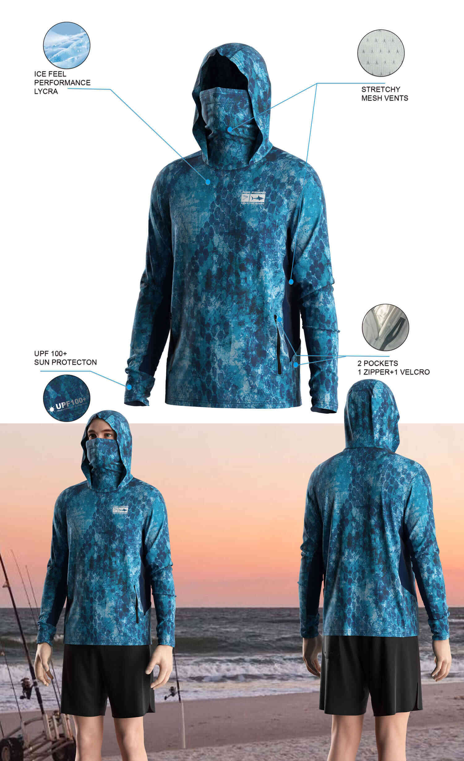 Details features of Men's Long-Sleeve Hoodie with Pocket and Built-in Face Cover – Standard Construction (Side Panel Extends Through Underarm to Sleeve Hem). Front and back view of Male model wearing hood fishing shirt w/ mask.