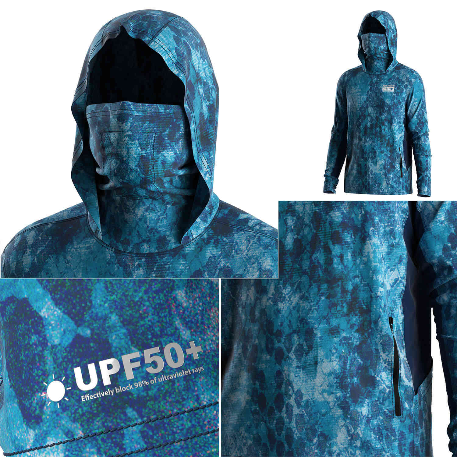 Four details of Men's Long sleeve Fishing Hood Shirt with Pocket and Built-in Face Cover (Side Panel Extends Through Underarm to Sleeve Hem)