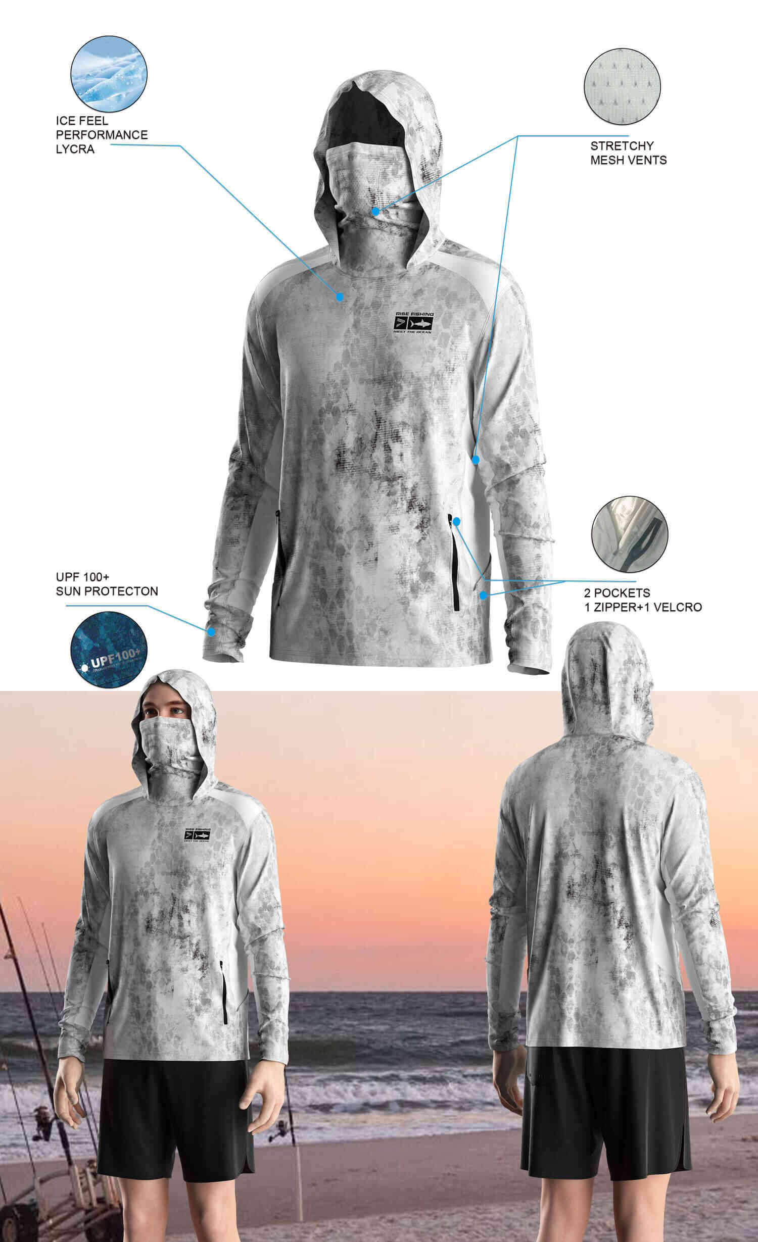 Details features of Men's Long-Sleeve Hoodie with Pocket and Built-in Face Cover – Standard Construction (Side Panel Extends Through Underarm to Sleeve Hem). Front and back view of Male model wearing hood fishing shirt w/ mask.