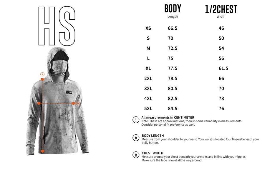 Size chart of Men's Long-Sleeve Hoodie with Pocket and Built-in Face Cover – Standard Construction (Side Panel Extends Through Underarm to Sleeve Hem).