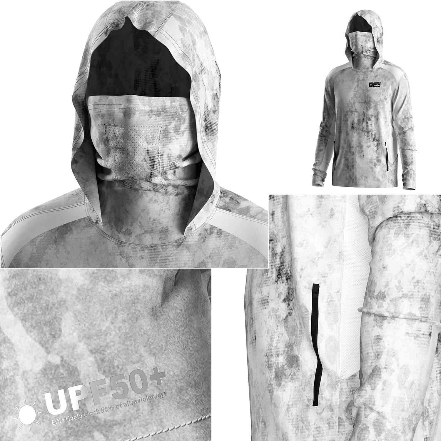 Four details of Men's Long sleeve Fishing Hood Shirt with Pocket and Built-in Face Cover (Side Panel Extends Through Underarm to Sleeve Hem)