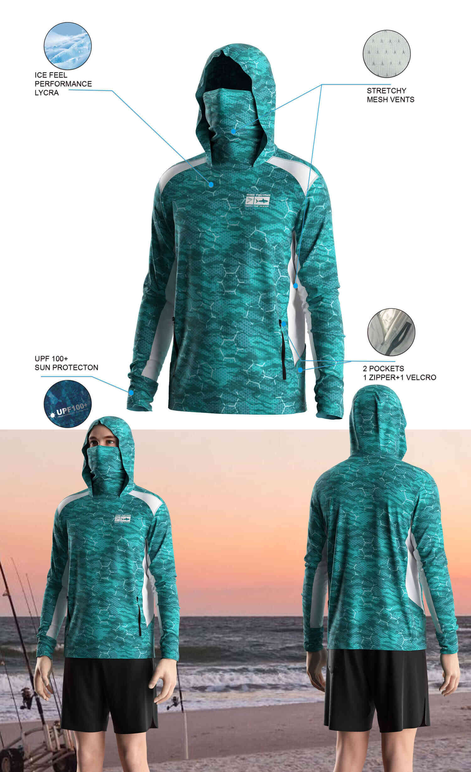 Details features of Men's Long-Sleeve Hoodie with Pocket and Built-in Face Cover – Standard Construction (Side Panel Extends Through Underarm to Sleeve Hem). Front and back view of Male model wearing hood fishing shirt w/ mask.