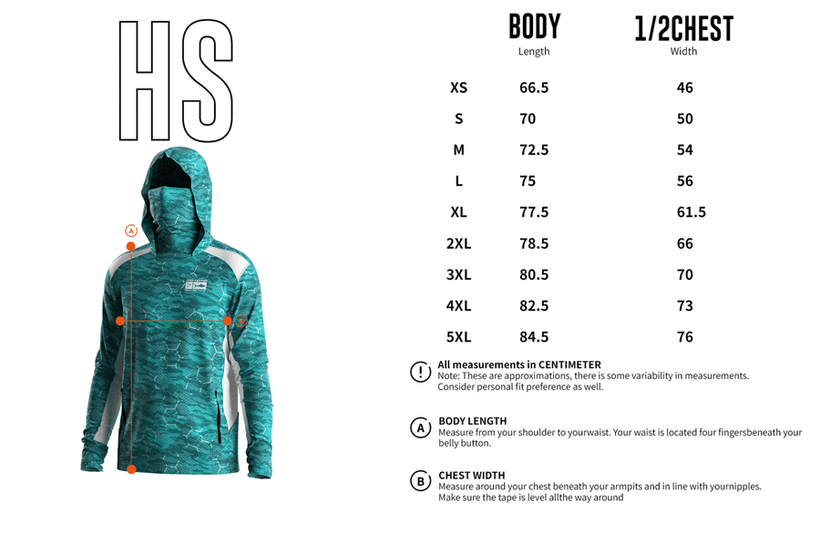 Size chart of Men's Long-Sleeve Hoodie with Pocket and Built-in Face Cover – Standard Construction (Side Panel Extends Through Underarm to Sleeve Hem).