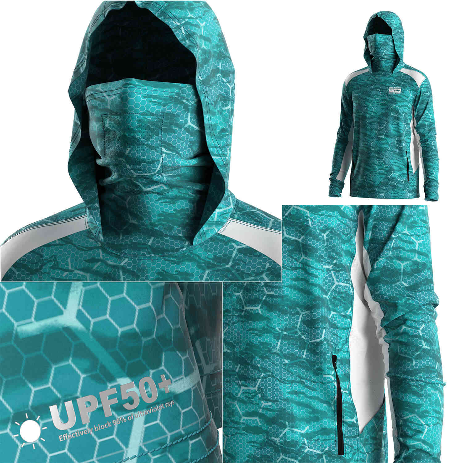 Four details of Men's Long sleeve Fishing Hood Shirt with Pocket and Built-in Face Cover (Side Panel Extends Through Underarm to Sleeve Hem)