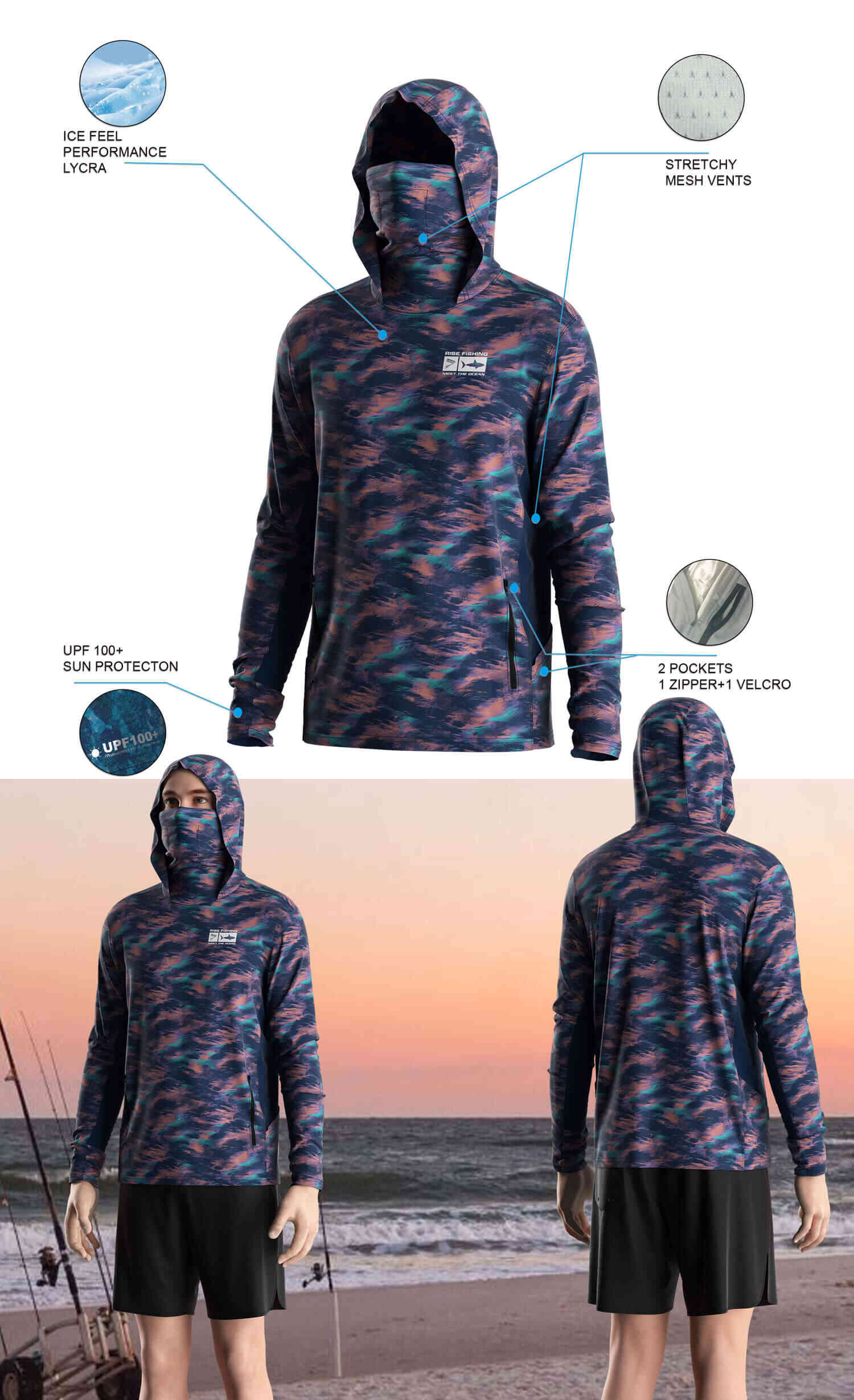 Details features of Men's Long-Sleeve Hoodie with Pocket and Built-in Face Cover – Standard Construction (Side Panel Extends Through Underarm to Sleeve Hem). Front and back view of Male model wearing hood fishing shirt w/ mask.