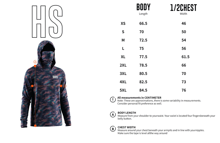 Size chart of Men's Long-Sleeve Hoodie with Pocket and Built-in Face Cover – Standard Construction (Side Panel Extends Through Underarm to Sleeve Hem).
