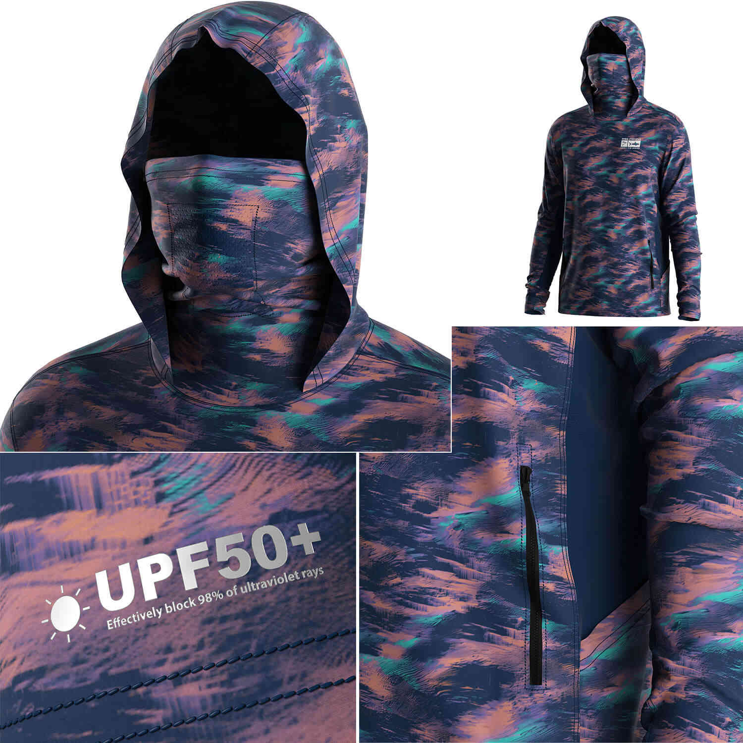 Four details of Men's Long sleeve Fishing Hood Shirt with Pocket and Built-in Face Cover (Side Panel Extends Through Underarm to Sleeve Hem)