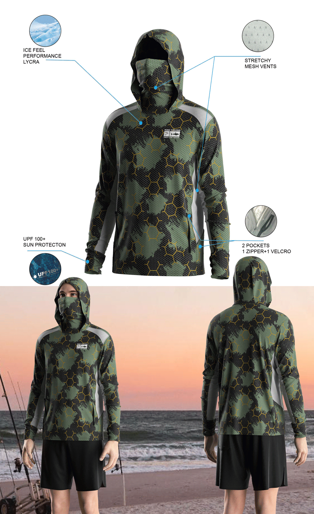 Details features of Men's Long-Sleeve Hoodie with Pocket and Built-in Face Cover – Standard Construction (Side Panel Extends Through Underarm to Sleeve Hem). Front and back view of Male model wearing hood fishing shirt w/ mask.