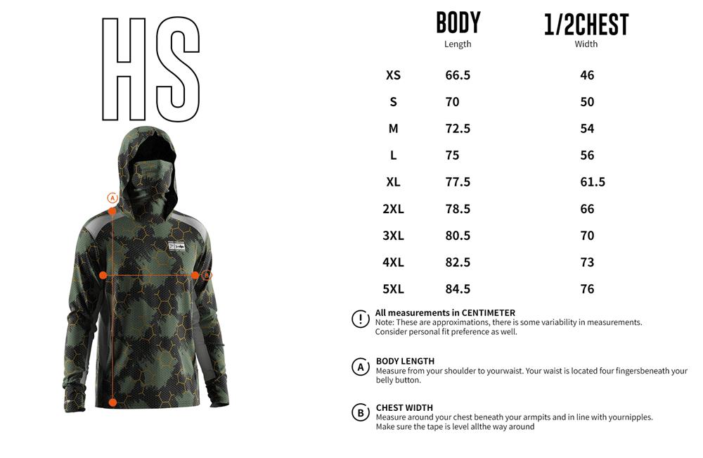 Size chart of Men's Long-Sleeve Hoodie with Pocket and Built-in Face Cover – Standard Construction (Side Panel Extends Through Underarm to Sleeve Hem).