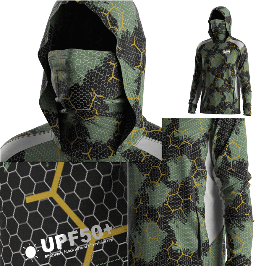 Four details of Men's Long sleeve Fishing Hood Shirt with Pocket and Built-in Face Cover (Side Panel Extends Through Underarm to Sleeve Hem)