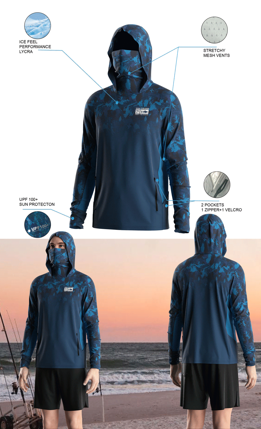 Details features of Men's Long-Sleeve Hoodie with Pocket and Built-in Face Cover – Standard Construction (Side Panel Extends Through Underarm to Sleeve Hem). Front and back view of Male model wearing hood fishing shirt w/ mask.