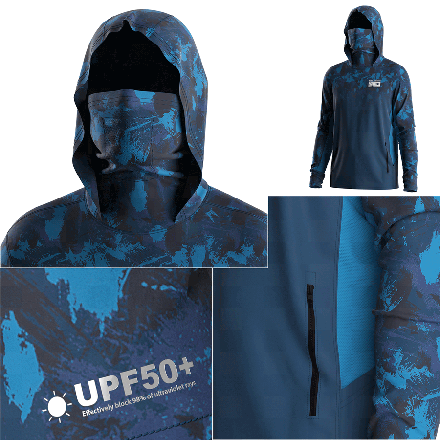 Four details of Men's Long sleeve Fishing Hood Shirt with Pocket and Built-in Face Cover (Side Panel Extends Through Underarm to Sleeve Hem)