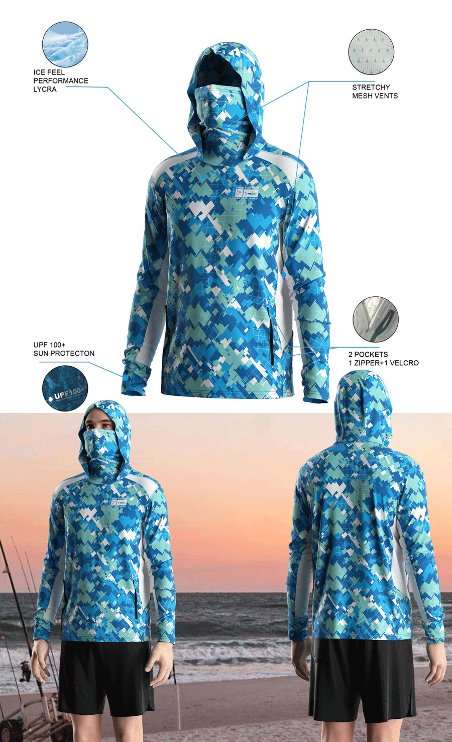 Details features of Men's Long-Sleeve Hoodie with Pocket and Built-in Face Cover – Standard Construction (Side Panel Extends Through Underarm to Sleeve Hem). Front and back view of Male model wearing hood fishing shirt w/ mask.