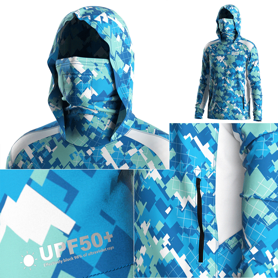 Four details of Men's Long sleeve Fishing Hood Shirt with Pocket and Built-in Face Cover (Side Panel Extends Through Underarm to Sleeve Hem)