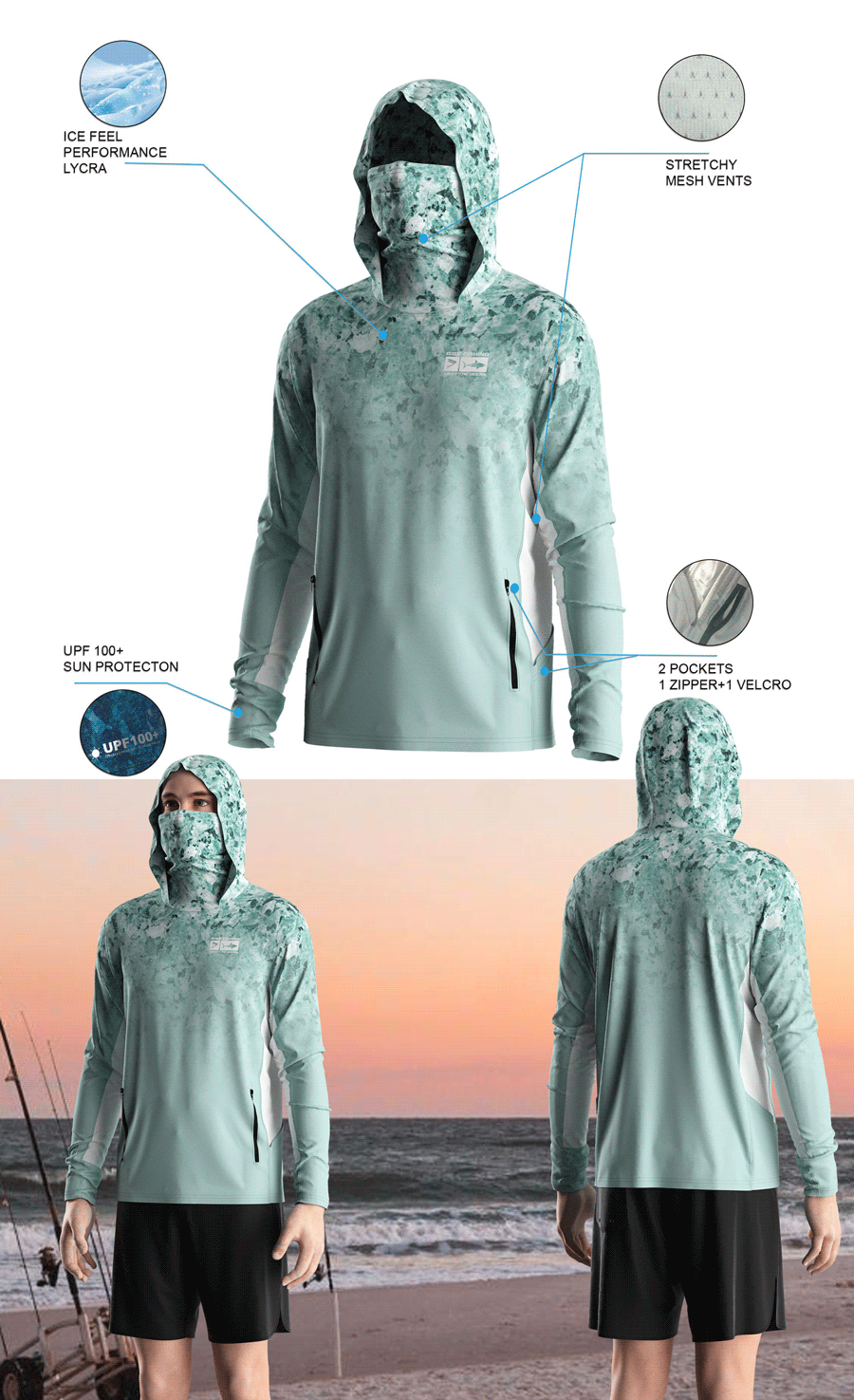 Details features of Men's Long-Sleeve Hoodie with Pocket and Built-in Face Cover – Standard Construction (Side Panel Extends Through Underarm to Sleeve Hem). Front and back view of Male model wearing hood fishing shirt w/ mask.