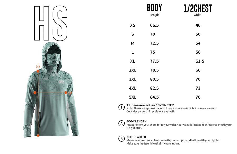 Size chart of Men's Long-Sleeve Hoodie with Pocket and Built-in Face Cover – Standard Construction (Side Panel Extends Through Underarm to Sleeve Hem).