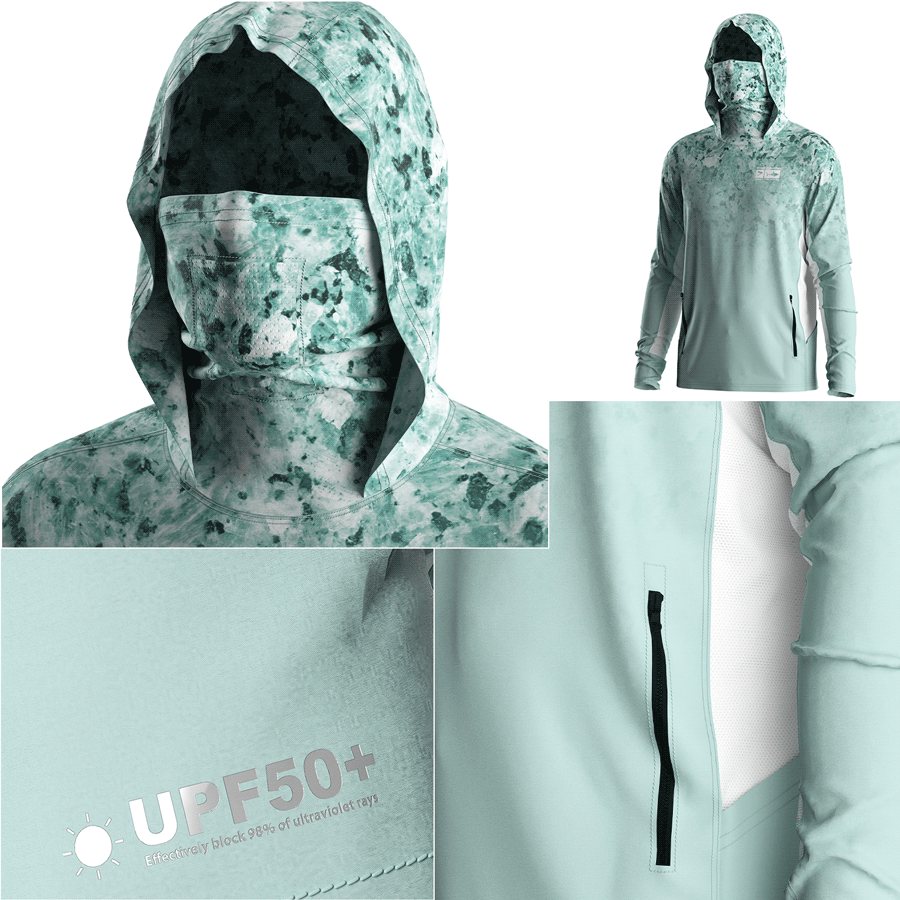 Four details of Men's Long sleeve Fishing Hood Shirt with Pocket and Built-in Face Cover (Side Panel Extends Through Underarm to Sleeve Hem)