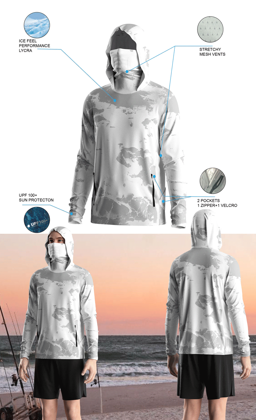 Details features of Men's Long-Sleeve Hoodie with Pocket and Built-in Face Cover – Standard Construction (Side Panel Extends Through Underarm to Sleeve Hem). Front and back view of Male model wearing hood fishing shirt w/ mask.