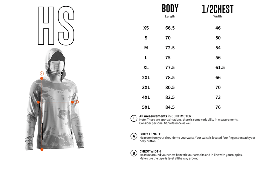 Size chart of Men's Long-Sleeve Hoodie with Pocket and Built-in Face Cover – Standard Construction (Side Panel Extends Through Underarm to Sleeve Hem).