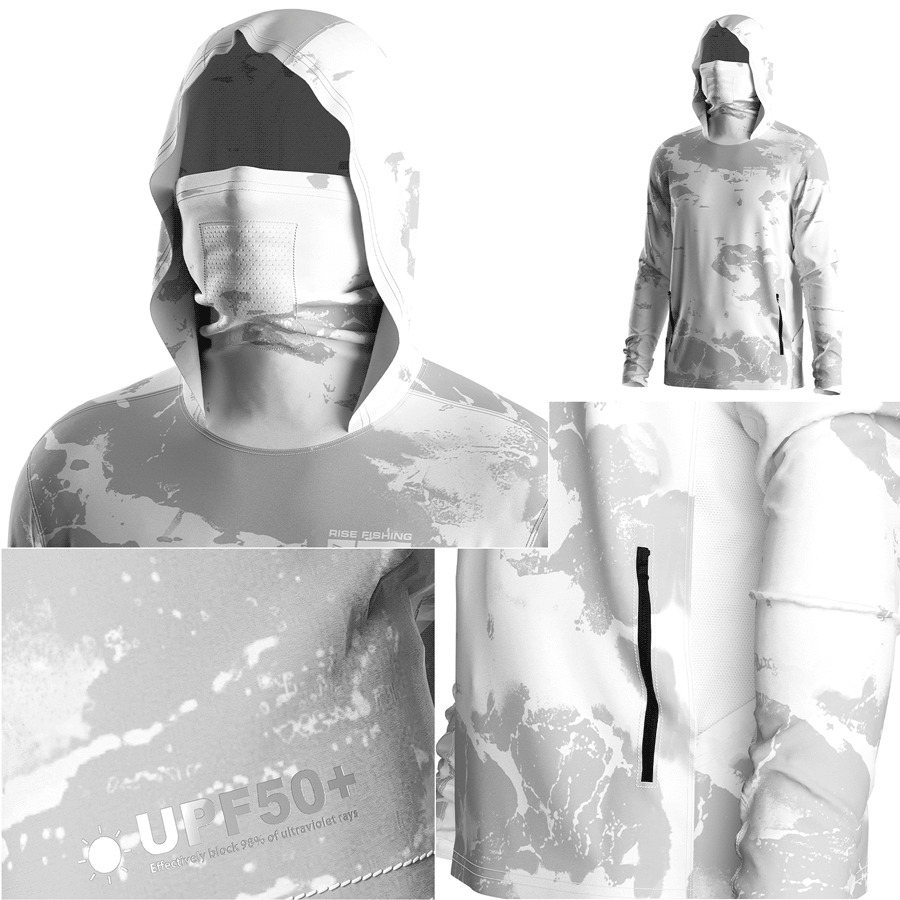 Four details of Men's Long sleeve Fishing Hood Shirt with Pocket and Built-in Face Cover (Side Panel Extends Through Underarm to Sleeve Hem)