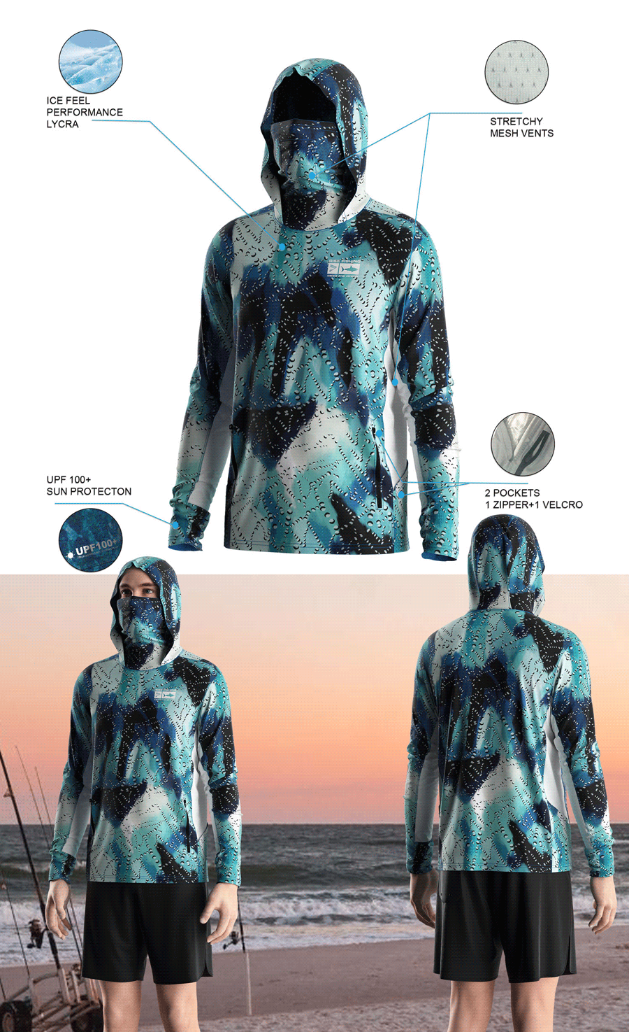 Details features of Men's Long-Sleeve Hoodie with Pocket and Built-in Face Cover – Standard Construction (Side Panel Extends Through Underarm to Sleeve Hem). Front and back view of Male model wearing hood fishing shirt w/ mask.