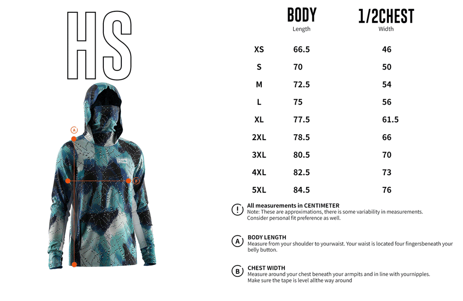 Size chart of Men's Long-Sleeve Hoodie with Pocket and Built-in Face Cover – Standard Construction (Side Panel Extends Through Underarm to Sleeve Hem).