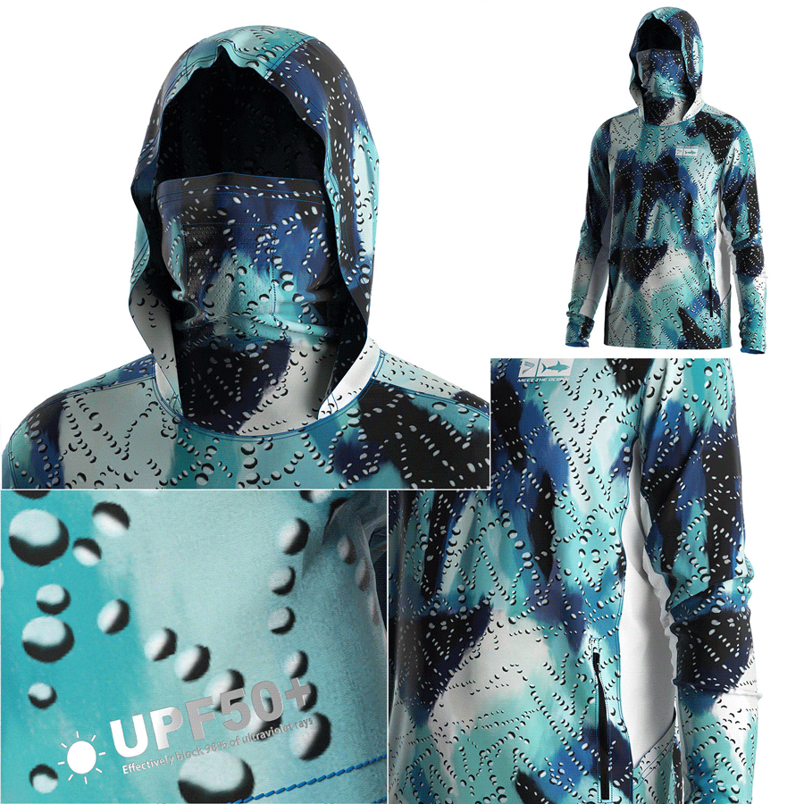 Four details of Men's Long sleeve Fishing Hood Shirt with Pocket and Built-in Face Cover (Side Panel Extends Through Underarm to Sleeve Hem)