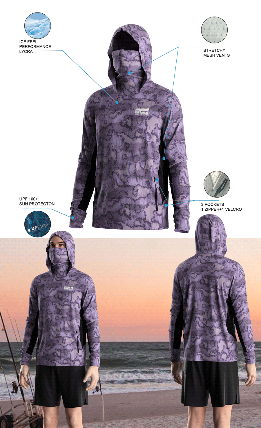 Details features of Men's Long-Sleeve Hoodie with Pocket and Built-in Face Cover – Standard Construction (Side Panel Extends Through Underarm to Sleeve Hem). Front and back view of Male model wearing hood fishing shirt w/ mask.