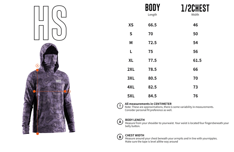 Size chart of Men's Long-Sleeve Hoodie with Pocket and Built-in Face Cover – Standard Construction (Side Panel Extends Through Underarm to Sleeve Hem).