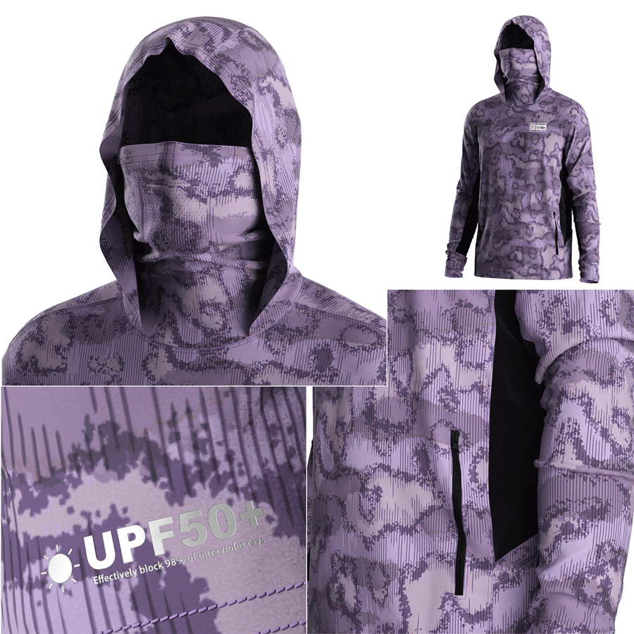 Four details of Men's Long sleeve Fishing Hood Shirt with Pocket and Built-in Face Cover (Side Panel Extends Through Underarm to Sleeve Hem)