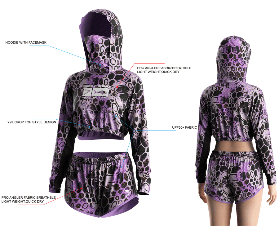 Details features, Front and back view of Women's Cropped Mask Fishing Hooded Shirts and Shorts Set.