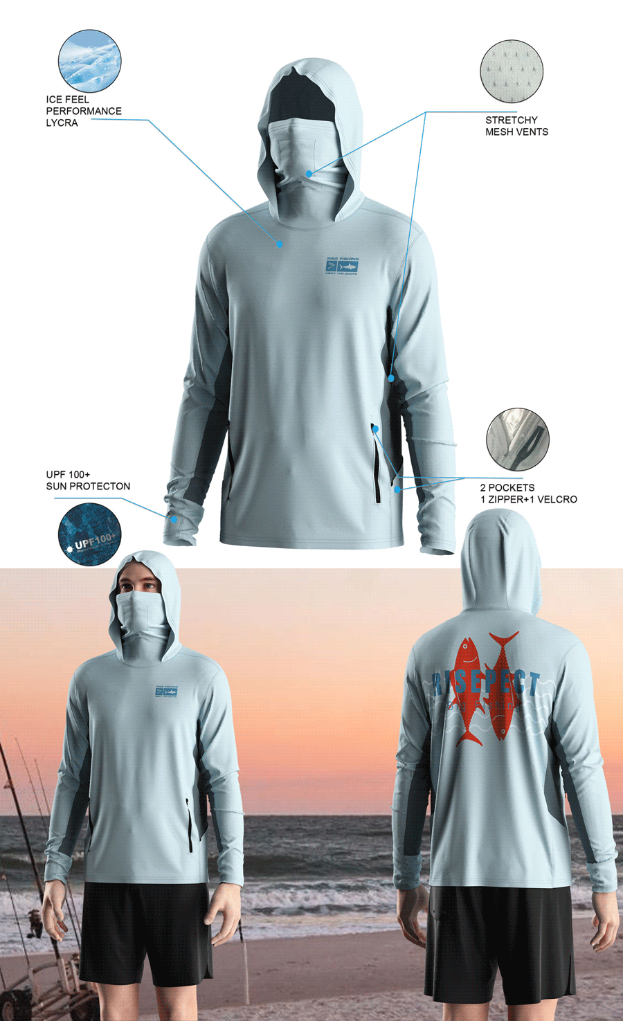 Details features of Men's Long-Sleeve Hoodie with Pocket and Built-in Face Cover – Standard Construction (Side Panel Extends Through Underarm to Sleeve Hem). Front and back view of Male model wearing hood fishing shirt w/ mask.