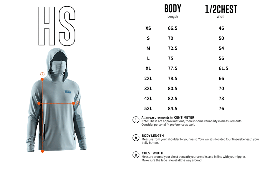 Size chart of Men's Long-Sleeve Hoodie with Pocket and Built-in Face Cover – Standard Construction (Side Panel Extends Through Underarm to Sleeve Hem).