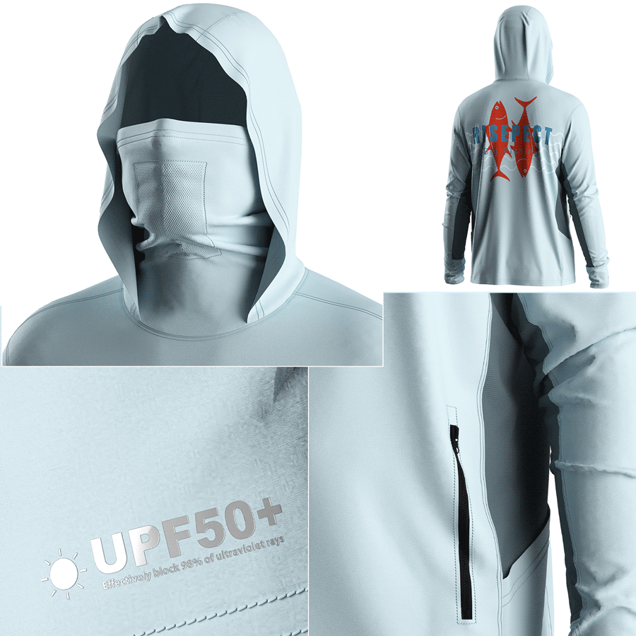 Four details of Men's Long sleeve Fishing Hood Shirt with Pocket and Built-in Face Cover (Side Panel Extends Through Underarm to Sleeve Hem)