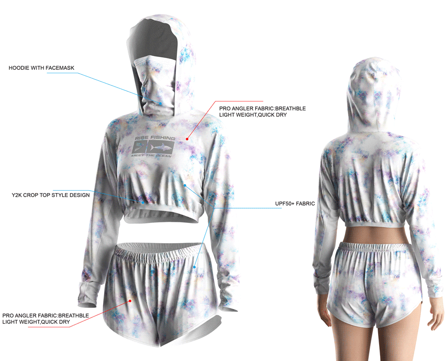 Details features, Front and back view of Women's Cropped Mask Fishing Hooded Shirts and Shorts Set.