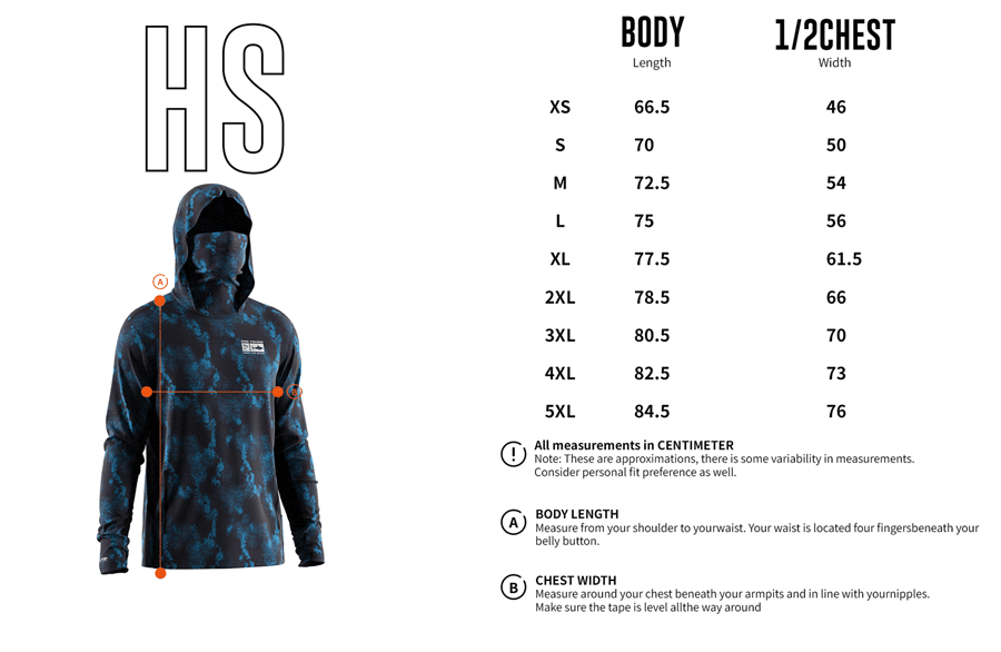 Size chart of Men's Long-Sleeve Hoodie with Pocket and Built-in Face Cover – Standard Construction (Side Panel Extends Through Underarm to Sleeve Hem).