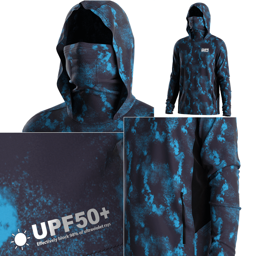 Four details of Men's Long sleeve Fishing Hood Shirt with Pocket and Built-in Face Cover (Side Panel Extends Through Underarm to Sleeve Hem)