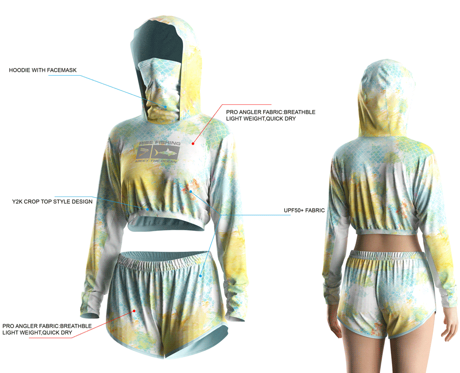 Details features, Front and back view of Women's Cropped Mask Fishing Hooded Shirts and Shorts Set.