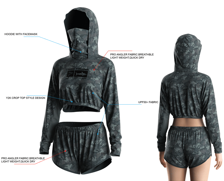 Details features, Front and back view of Women's Cropped Mask Fishing Hooded Shirts and Shorts Set.