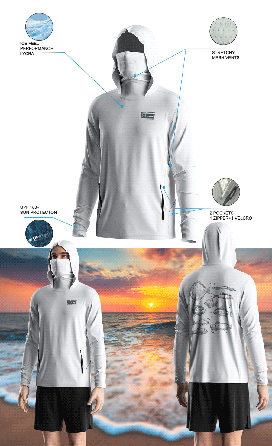 Details features of Men's Long-Sleeve Hoodie with Pocket and Built-in Face Cover – Standard Construction (Side Panel Extends Through Underarm to Sleeve Hem). Front and back view of Male model wearing hood fishing shirt w/ mask.